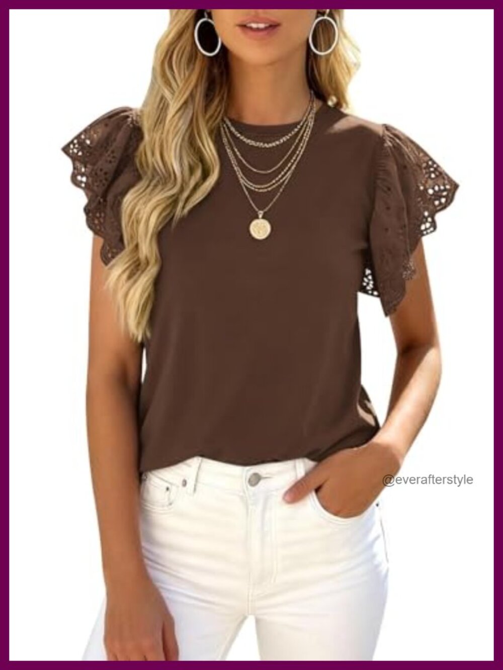 Womens Dressy Casual Hollow Out Ruffle Short Sleeve Crewneck Summer Tee
